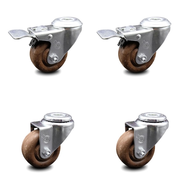 3 Inch High Temp Glass Filled Nylon Bolt Hole Caster Set with 2 Total Lock Brake